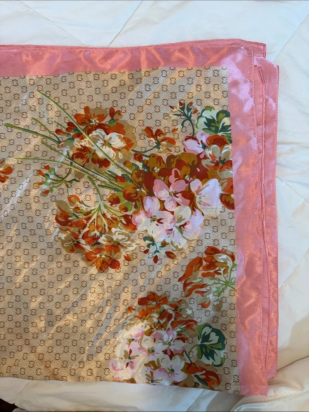 Floral Silk Scarf with Pink Border